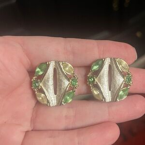 Vintage Brushed Silver Tone Clip Earrings with Green Rhinestones Judy Lee